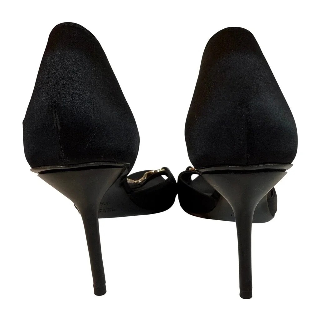 Gucci Black Satin Horsebit Crystal D'Orsay Open Toe Heels 9.5B Made in Italy